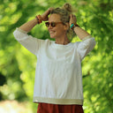 Blouse Constance — Coton plumetis blanc & bandes lin chiné ficelle - Quintessence