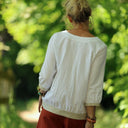 Blouse Constance — Coton plumetis blanc & bandes lin chiné ficelle - Quintessence