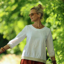Blouse Constance — Coton plumetis blanc & bandes lin chiné ficelle - Quintessence
