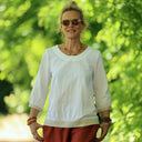 Blouse Constance — Coton plumetis blanc & bandes lin chiné ficelle - Quintessence