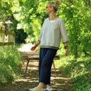 Blouse Constance — Coton seersucker rayé kaki & bandes lin kaki - Quintessence