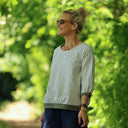 Blouse Constance — Coton seersucker rayé kaki & bandes lin kaki - Quintessence