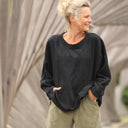 Blouse Naomie - Double gaze de coton/lin jacquard fleuri noire - Quintessence