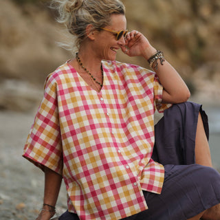 Blouse Yoko - coton carreaux fushia/ocre