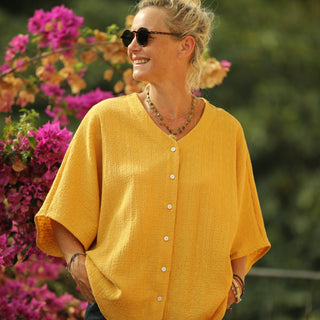 Blouse Yoko - double gaze de coton fleurie ocre