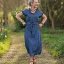 Ceinture Anita jean lyocell bleu plumetis porté | atelier à Roubaix