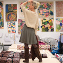 Jupe portefeuille Marie midi - Flanelle tartan ivoire, noir et camel - Quintessence