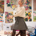 Jupe portefeuille Marie midi - Flanelle tartan ivoire, noir et camel - Quintessence