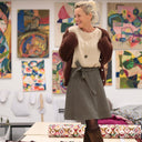 Jupe portefeuille Marie midi - Flanelle tartan ivoire, noir et camel - Quintessence