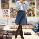 Jupe portefeuille Marie midi - Velours milleraies bleu officier - Quintessence