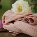 Jupe Tao — Double gaze de coton rose poudré et fine rayure dorée - Quintessence