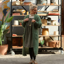 Gilet très long Théoline — mohair vert sous-bois