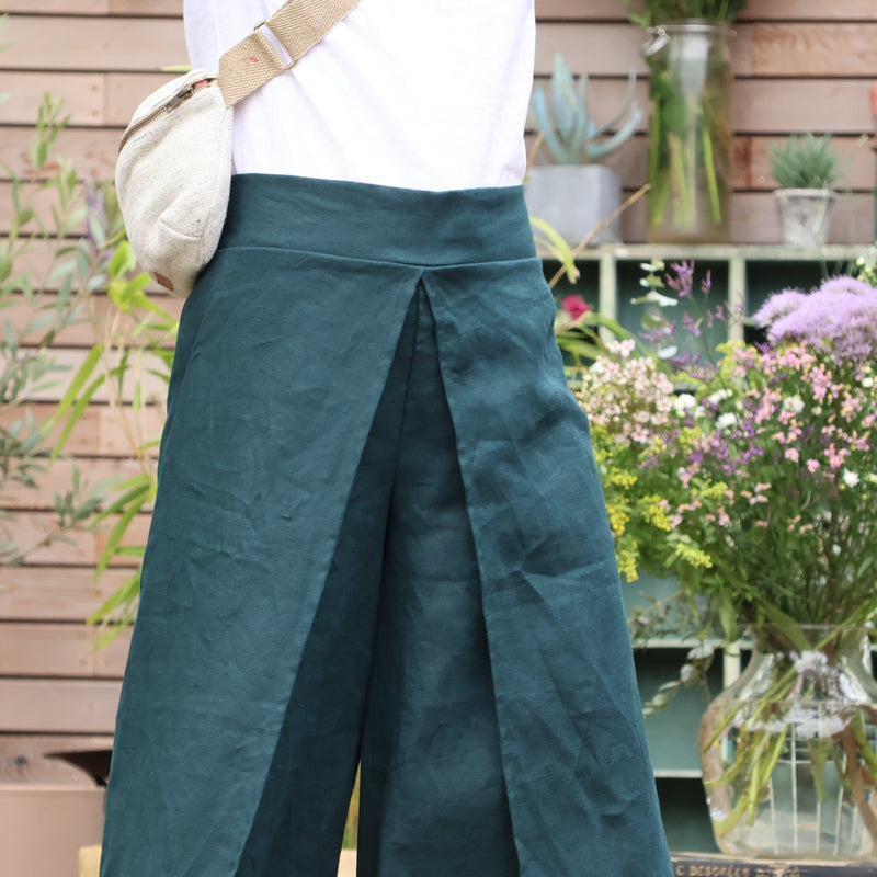 Pantalon drapé Mathilde - lin vert émeraude - Quintessence