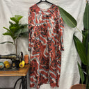 Prototype n°008 – robe Edmée imprimée brique, bleu grisé et écru, taille XXL – vue globale