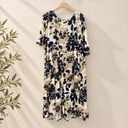 Prototype – Robe longue en viscose fleurie – Écru et marine – L – N°059 — fond écru, cintre en bois et branches d’olivier