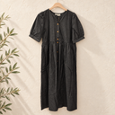 Prototype – Robe longue boutonnée – Gris anthracite – L – N°065 — fond écru, cintre en bois et branches d’olivier