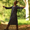 Robe Adélaïde — Velours milleraies bleu paon fleuri - Quintessence