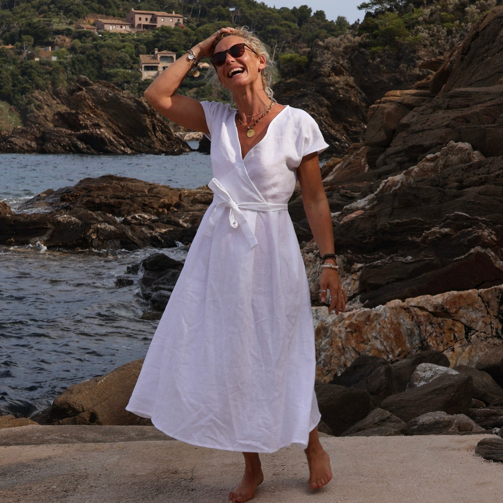 chinese dress ladies WHITE LINEN DRESS WITH FRILL main image 1