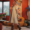 Robe Céleste - coton brodé rayé kaki - Quintessence