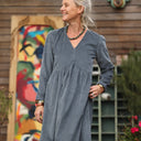 Robe Edonie manches longues - Velours côtelé bleu grisé - Quintessence