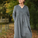 Robe Edonie manches longues - Velours côtelé bleu grisé - Quintessence