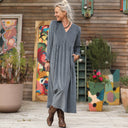 Robe Edonie manches longues - Velours côtelé bleu grisé - Quintessence