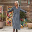 Robe Edonie manches longues - Velours côtelé bleu grisé - Quintessence