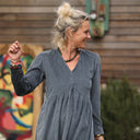 Robe Edonie manches longues - Velours côtelé bleu grisé - Quintessence