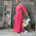 Robe Louisa manches 3/4 jacquard coton/lin fuchsia - Quintessence