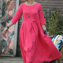 Robe Louisa manches 3/4 jacquard coton/lin fuchsia - Quintessence