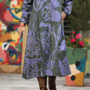 Robe Pensée - Satin de coton Ikat violet/kaki - Quintessence