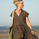 Robe Sylvette - double gaze de coton rayée kaki/marine - Quintessence