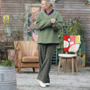 Sweat Gustave - double gaze de coton matelassé vert ortie/ envers fleuri - Quintessence