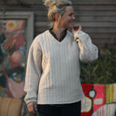 Sweat Gustave - matelassé en double gaze de coton sable/envers rayé - Quintessence