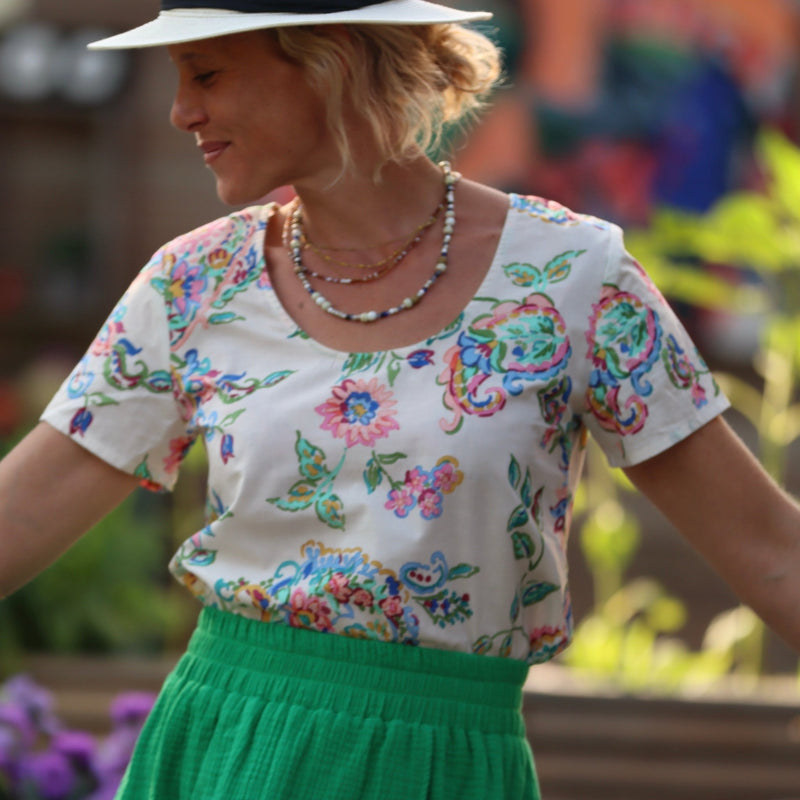 Blouse Cassie manches courtes et col rond - voile de coton fleurs de Venise - Quintessence