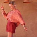 Blouse Nao double gaze de coton rose boisé "feuillage" - Quintessence