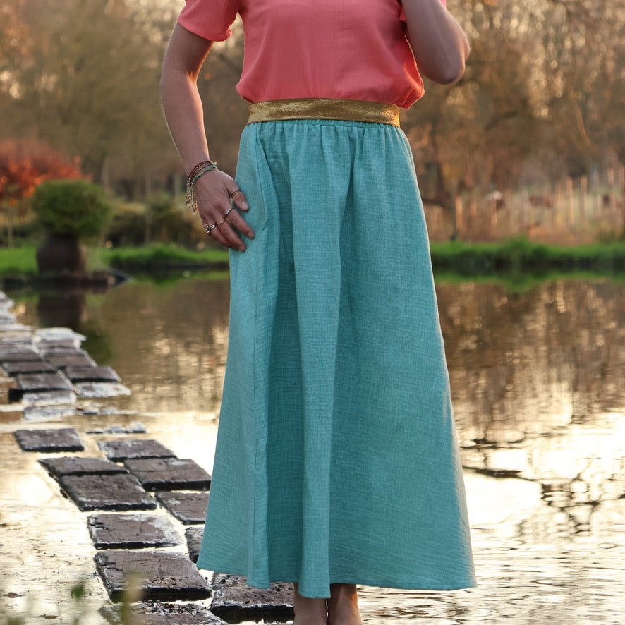 Jupe Rachelle double gaze de coton tie & dye turquoise - 90cm de hauteur - Quintessence