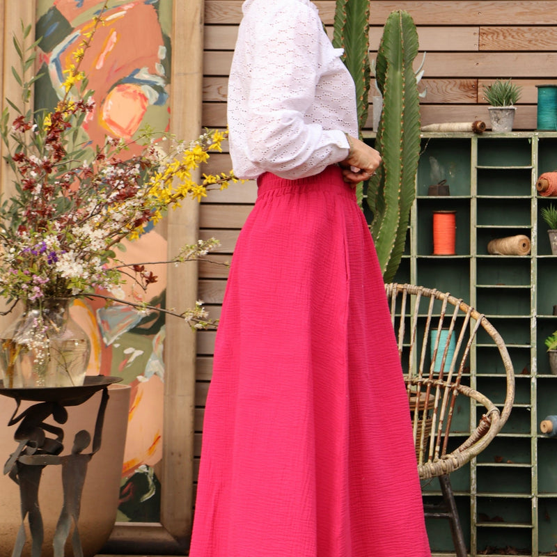 Jupe Tao double gaze de coton rose fushia - 92cm de hauteur - Quintessence
