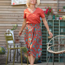 Jupe Tina popeline de coton terracotta fleuri aqua - Quintessence