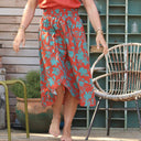 Jupe Tina popeline de coton terracotta fleuri aqua - Quintessence