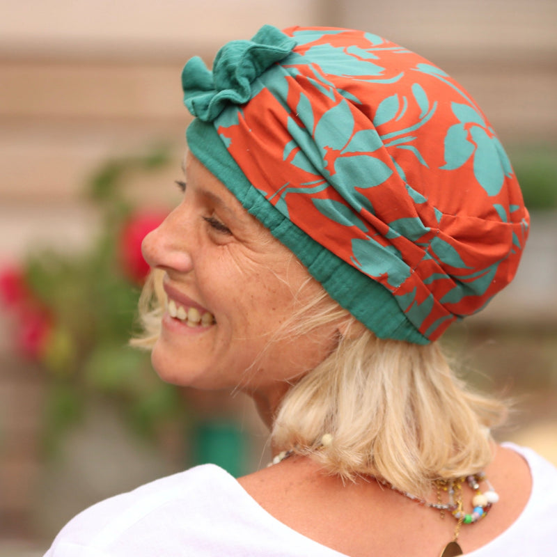 La coiffe Victoire coton terracotta/fleuri aqua- fleur printemps - Quintessence
