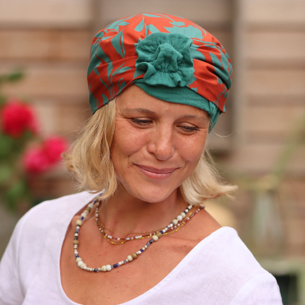 La coiffe Victoire coton terracotta/fleuri aqua- fleur printemps - Quintessence