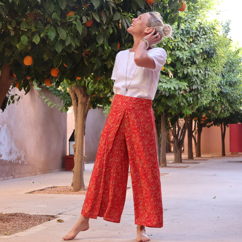Pantalon drapé Mathilde - viscose fleuri rouge - Quintessence