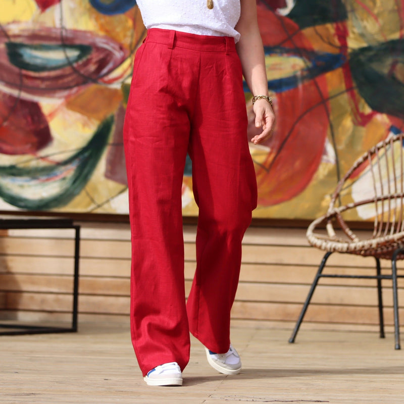 Pantalon Nestor lin rouge cerise - Quintessence
