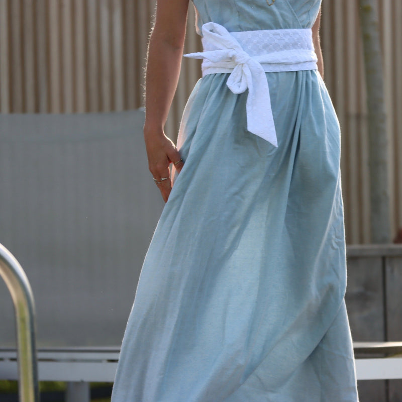 Robe Alba longue sergé de coton bleu ciel chiné - Quintessence