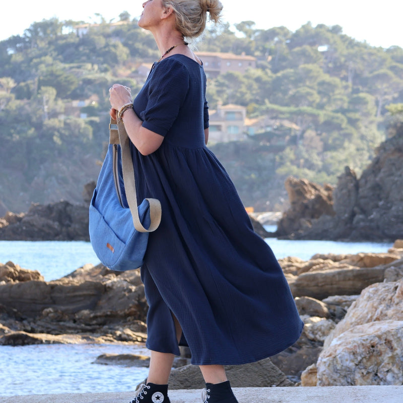 Robe Camille - double gaze de coton bleu marine - Quintessence