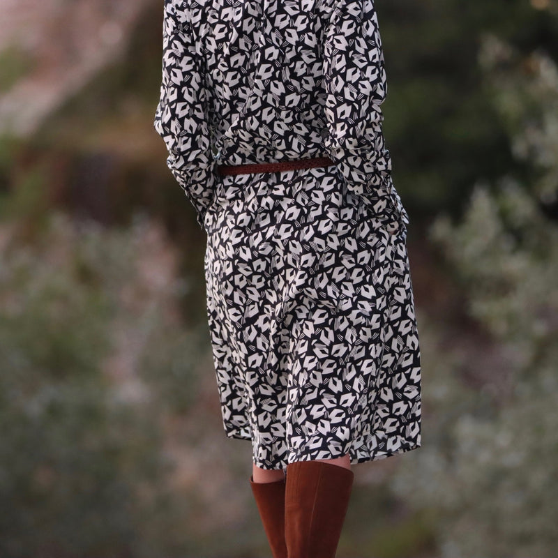 Robe Emmanuelle - popeline de coton imprimé géométrique noir/blanc - Quintessence