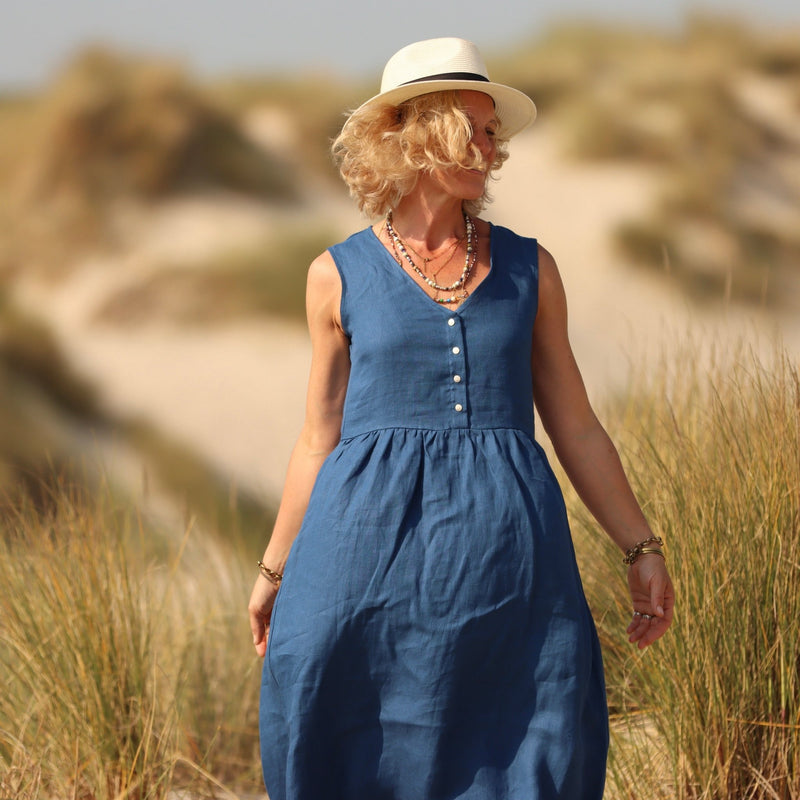Robe Julie - Lin texturé bleu méditerranée - Quintessence
