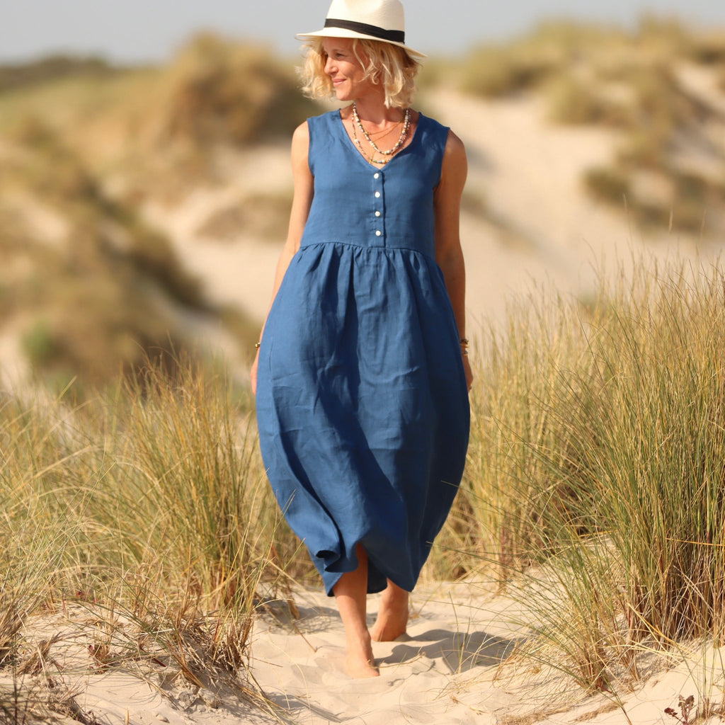 Robe Julie - Lin texturé bleu méditerranée - Quintessence