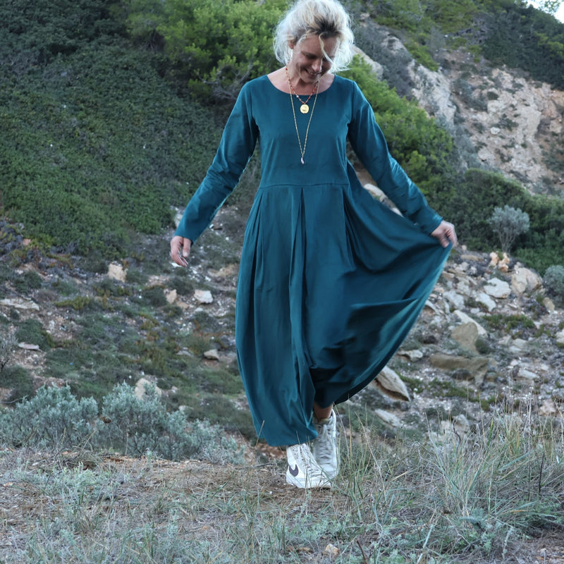 Robe Louisa - velours de coton milleraies émeraude - Quintessence